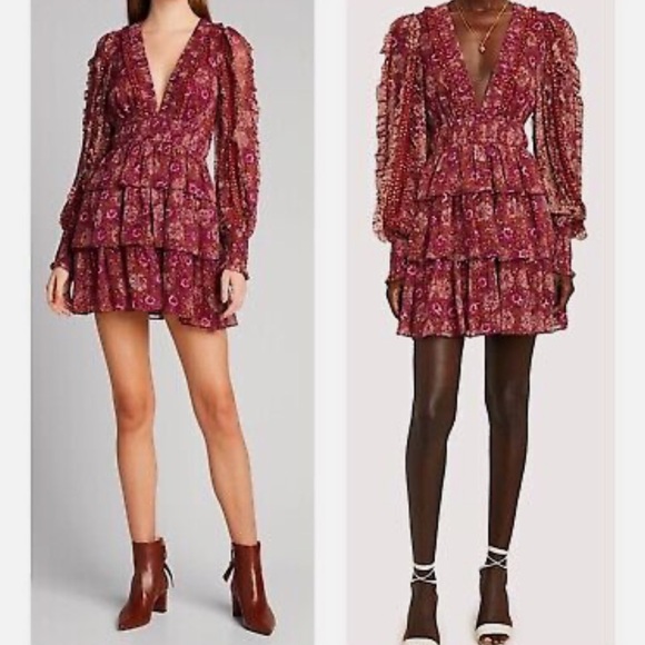 House Of Harlow 1960 Red Floral SmockedCuff Surplice Neck Tiered Ruffle Dress 10 - Picture 1 of 16